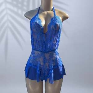 Blue Sheer Floral Lace Plunging Halter Teddy with Ruffled Mesh Hem  ✧ L